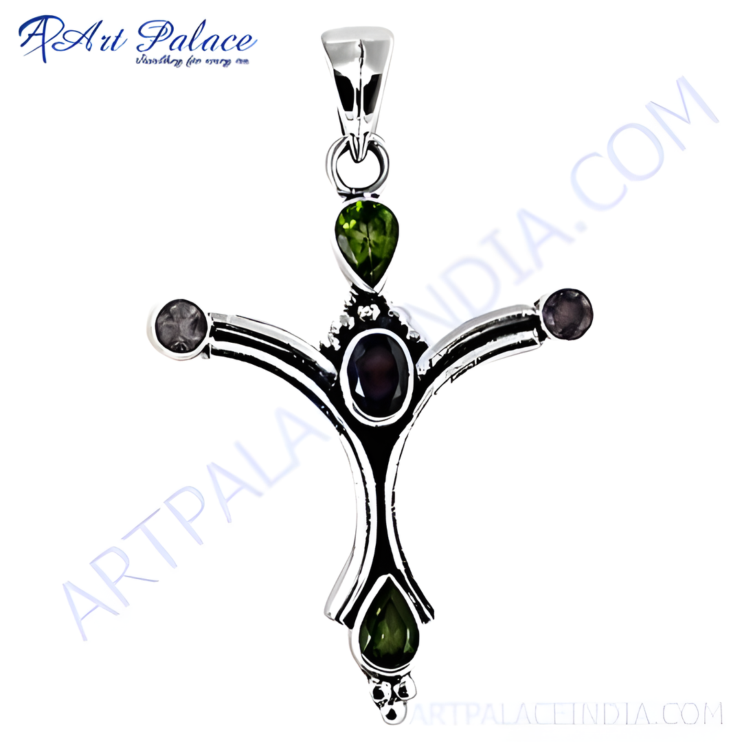 Sterling silver cross pendant with green peridot and purple amethyst gemstones. A beautiful piece of women's jewelry.
