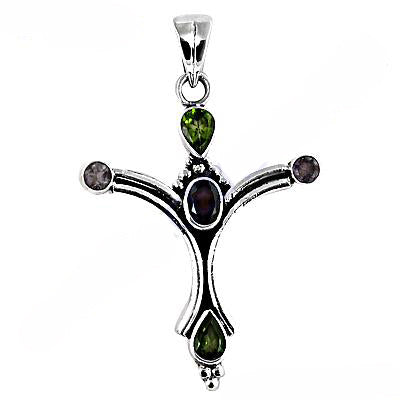 925 Silver Cross Pendant with Gemstones for Women