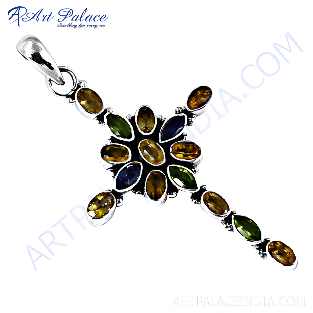 925 sterling silver cross pendant with multi-colored gemstones; a beautiful and colorful pendant