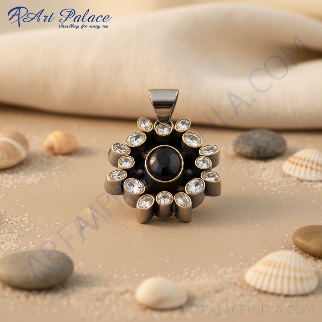氧化银吊坠，镶嵌黑玛瑙和立方氧化锆 | 女士珠宝