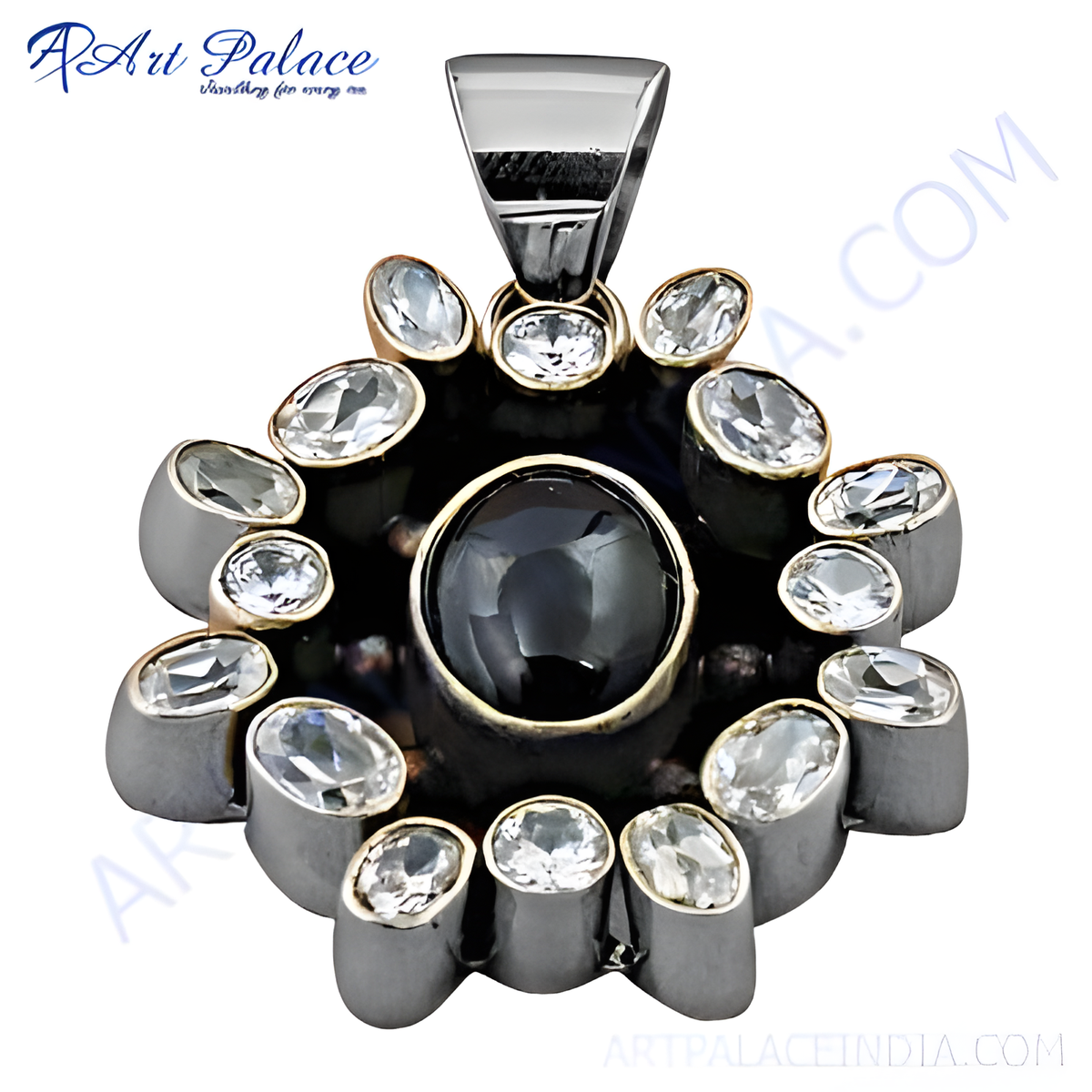 Oxidized silver pendant with a central black onyx gemstone and surrounding cubic zirconia