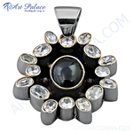 将图像加载到图库查看器中， Oxidized silver pendant with a central black onyx gemstone and surrounding cubic zirconia.
