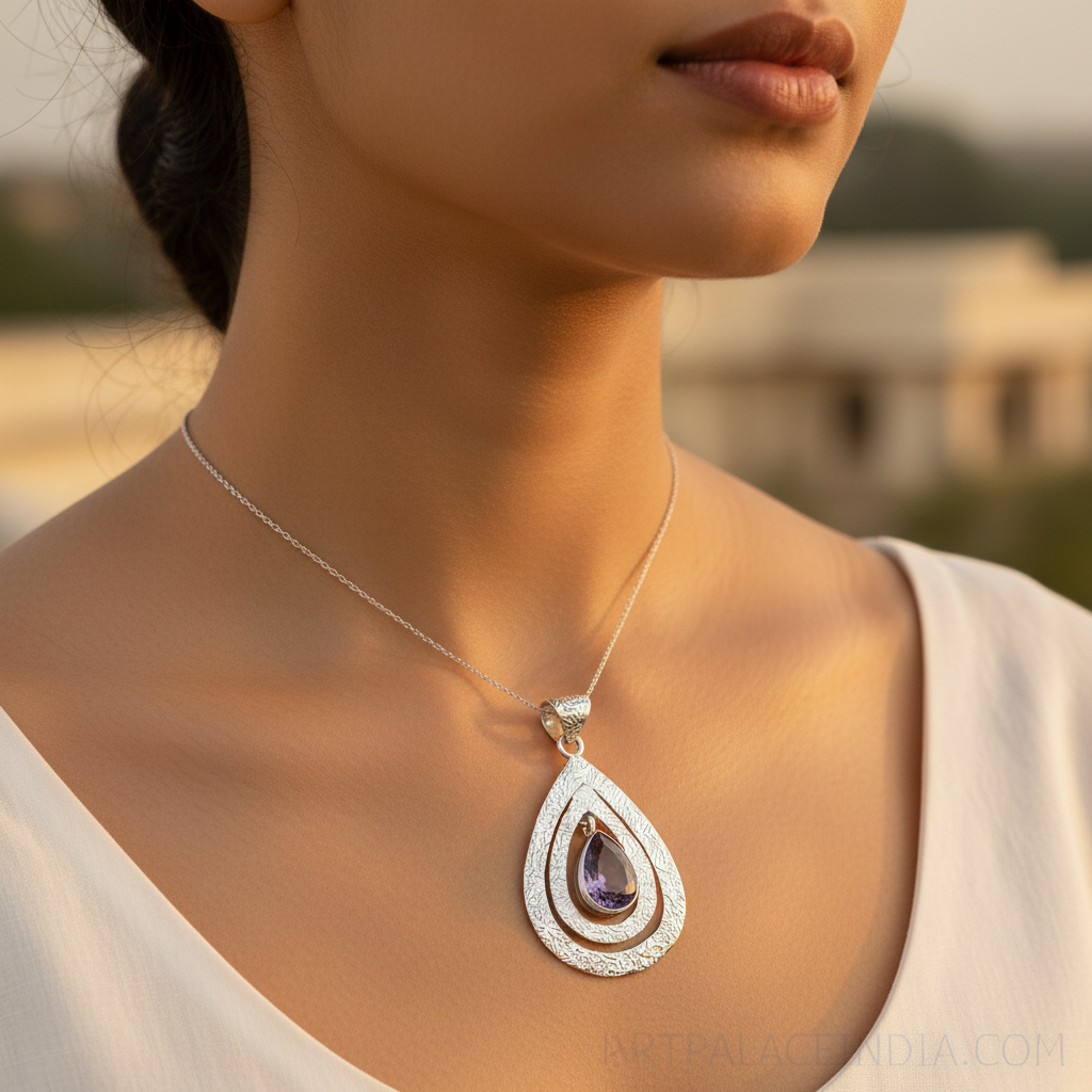 Colgante de lágrima de amatista en plata 925 | Collar de piedras preciosas para mujer