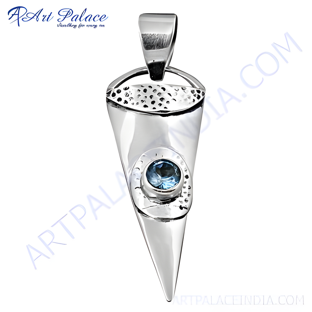 925 sterling silver pendant necklace with a blue topaz gemstone. A modern, elegant design for women.
