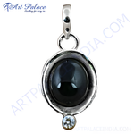 Load image into Gallery viewer, 925 sterling silver black onyx pendant with a round, polished black gemstone
