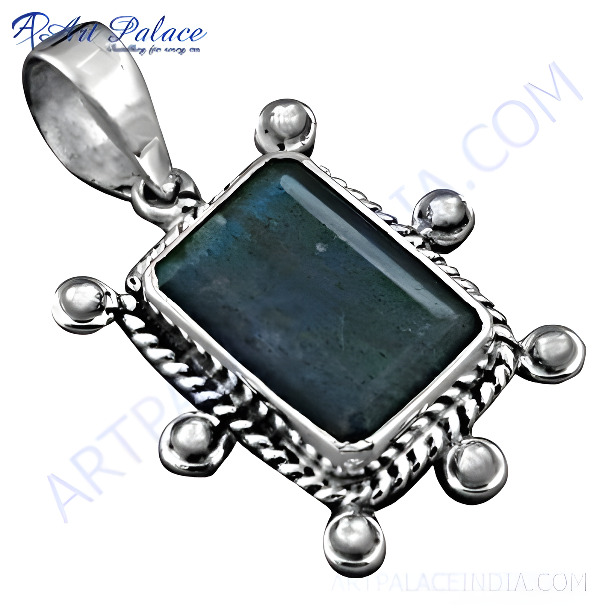 925 sterling silver labradorite pendant with a rectangular blue green gemstone center