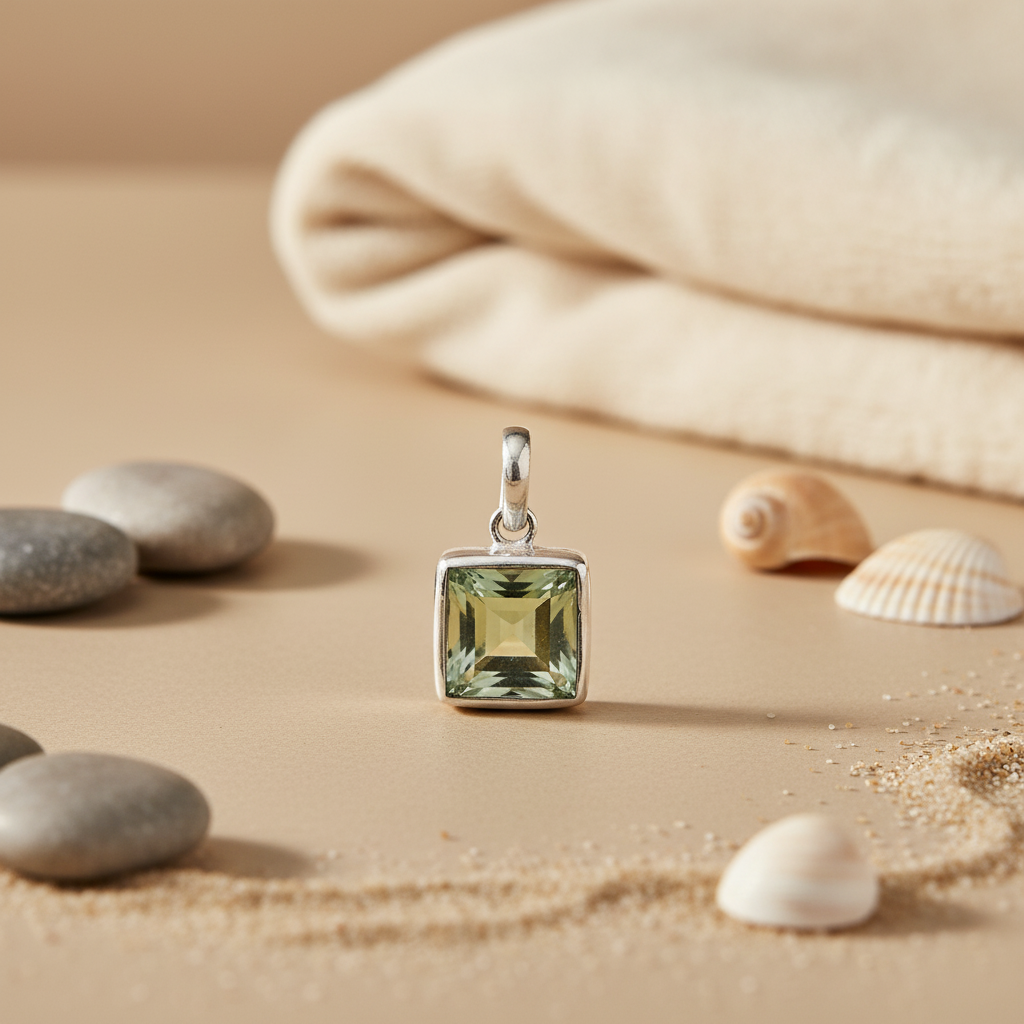 925 Silver Green Amethyst Pendant | Square Cut | For Women