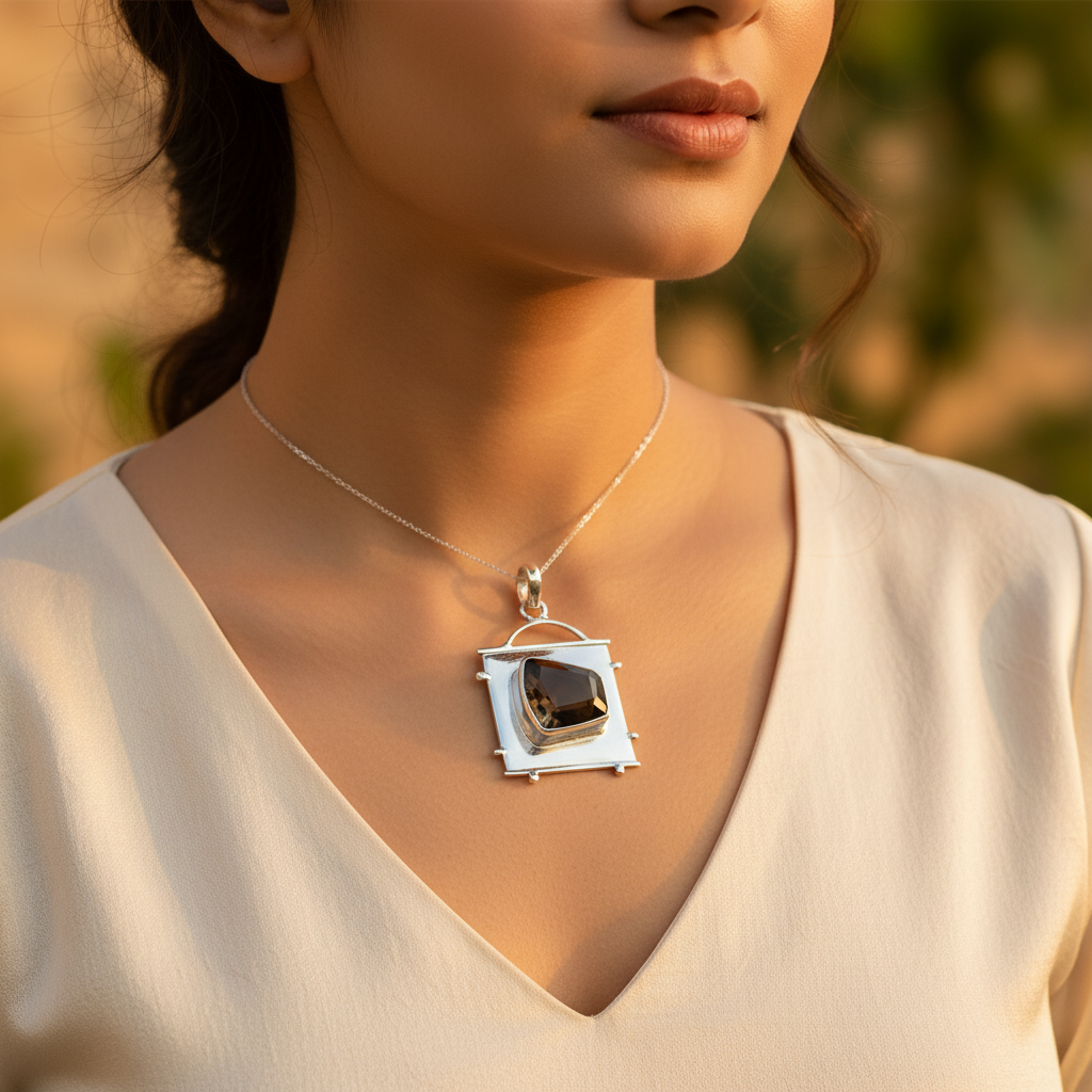 Colgante de cuarzo ahumado en plata 925 para mujer | regalo de joyería moderna