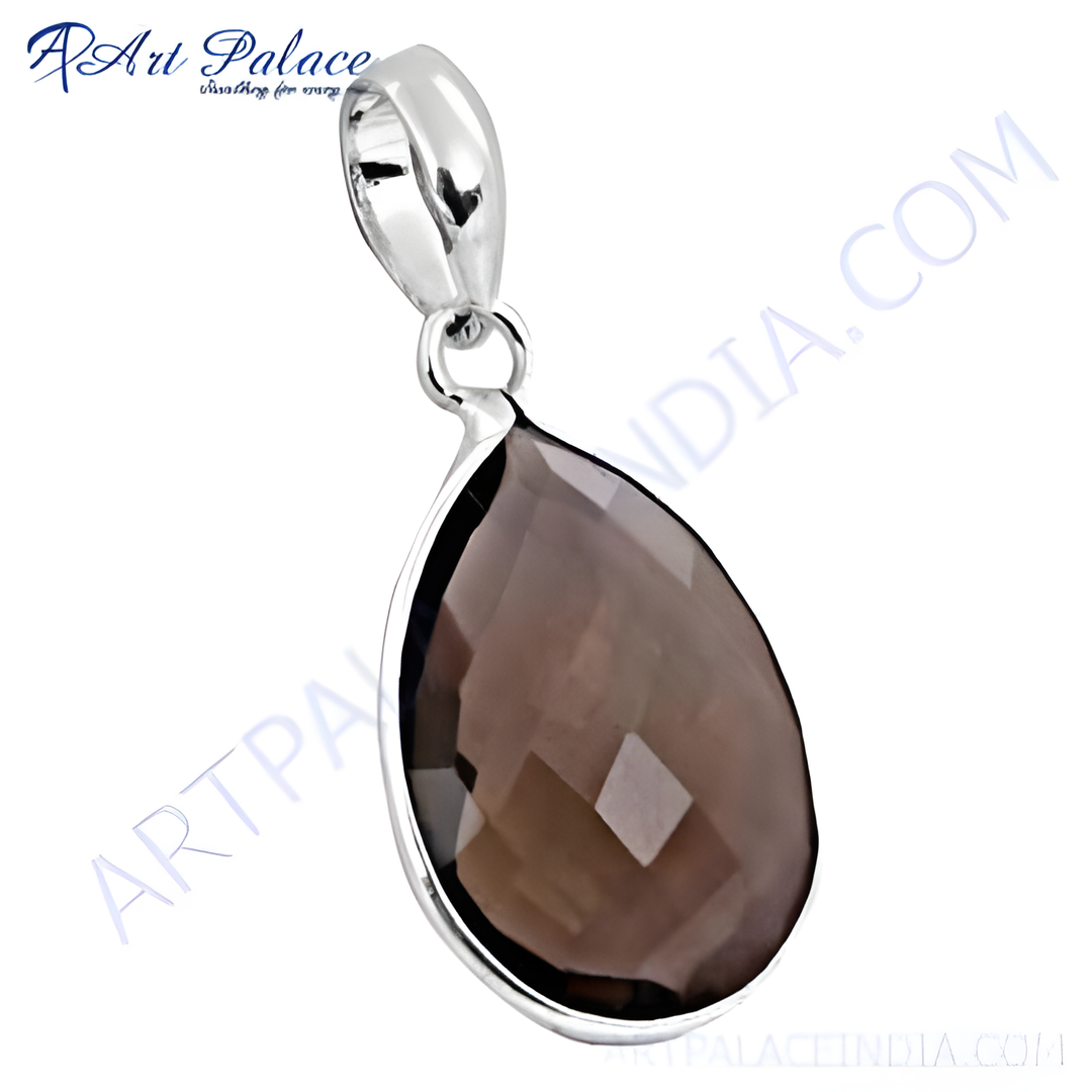 925 sterling silver smoky quartz teardrop pendant necklace, brown gemstone