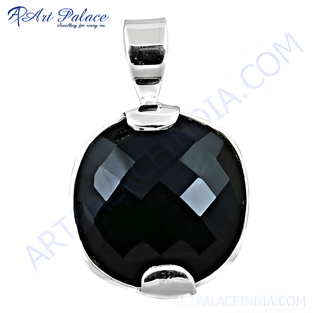 925 sterling silver black onyx round pendant for women. Faceted gemstone pendant in a polished setting.