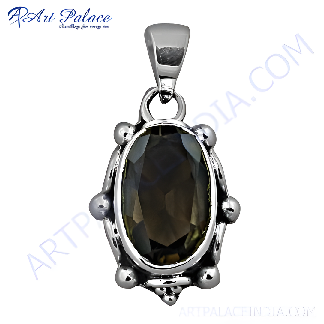 925 sterling silver smoky quartz gemstone pendant, oval shape, for women.