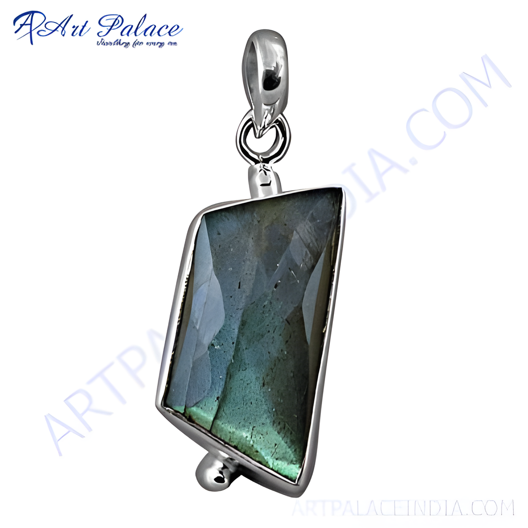925 sterling silver labradorite pendant, featuring a unique faceted cut. Blue and green gemstone pendant.