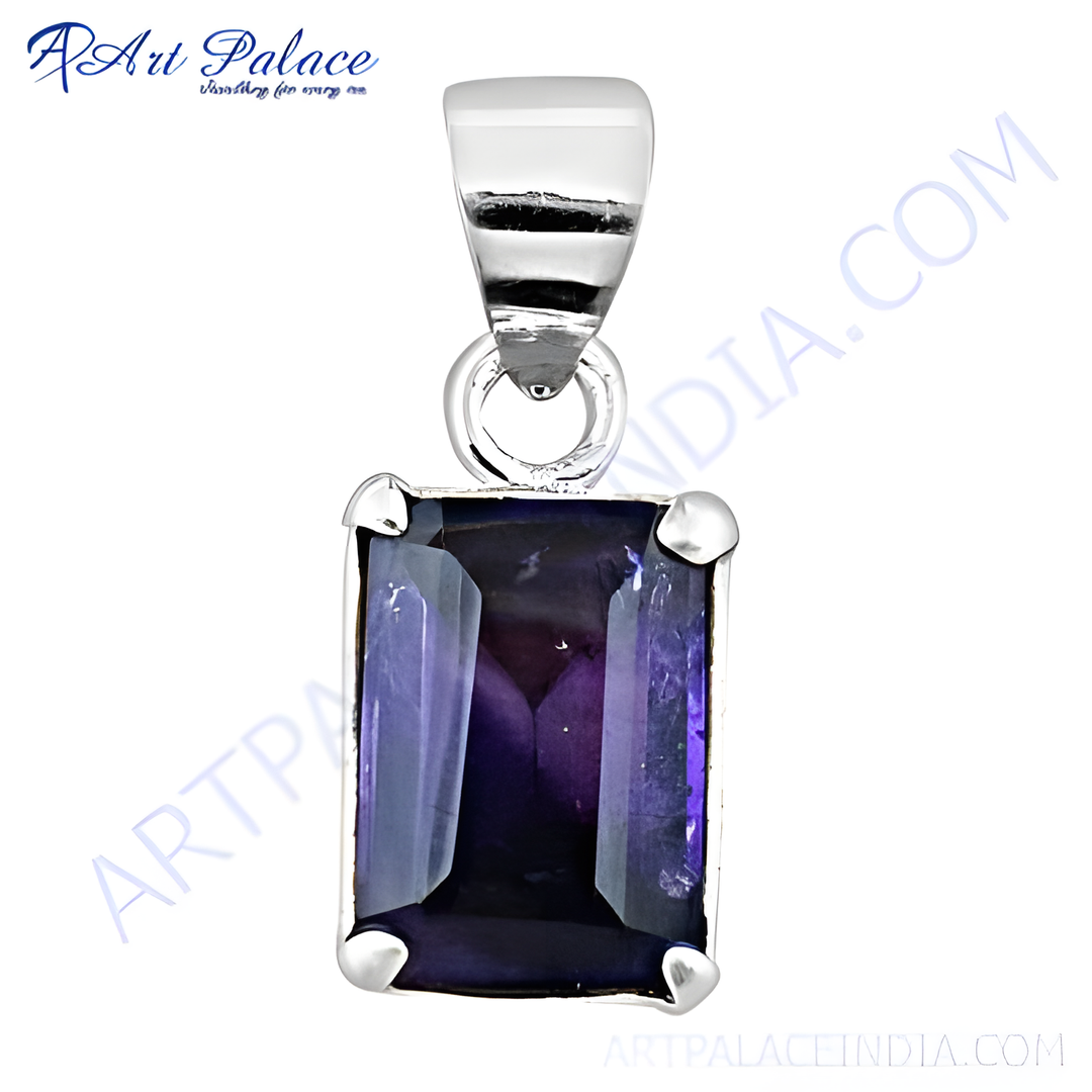 925 sterling silver iolite pendant with a rectangular purple gemstone. Silver pendant for women.