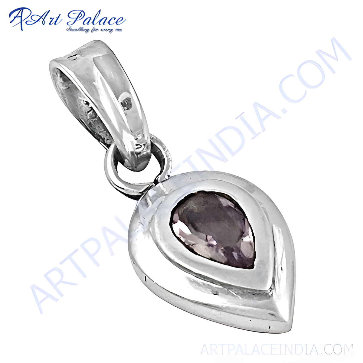 925 sterling silver teardrop pendant with a purple amethyst gemstone center