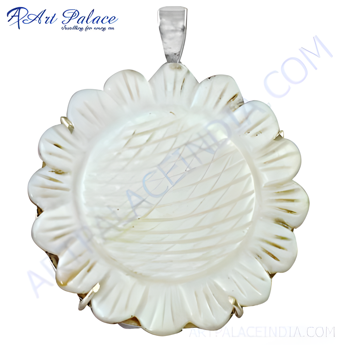 A silver pendant in a flower shape with a mother of pearl center, beautiful jewelry for women