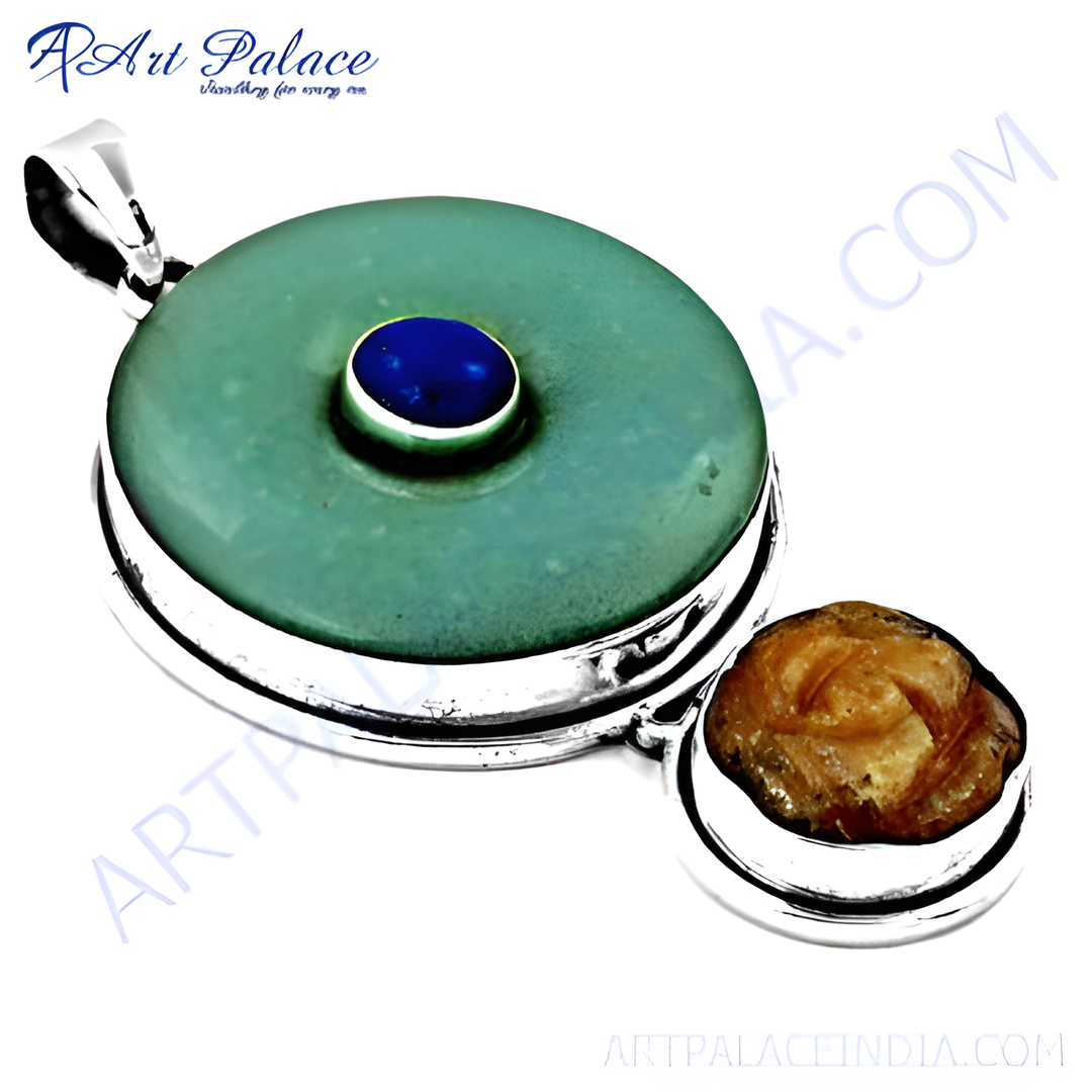 925 sterling silver pendant with a green stone and a central blue lapis lazuli stone, elegant women's jewelry