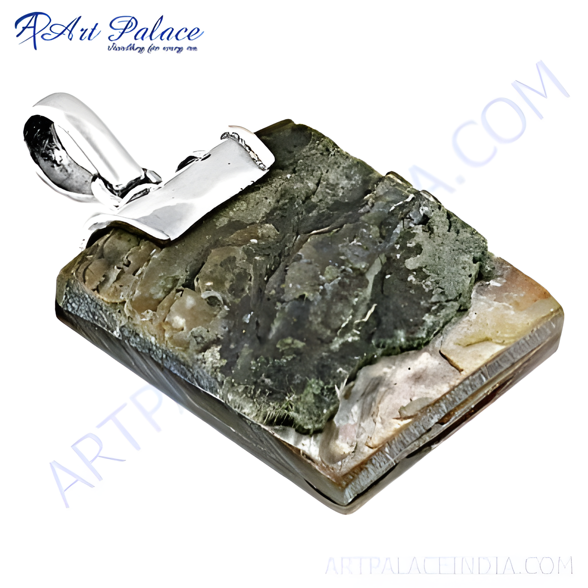 Sterling silver pendant with a natural green and beige gemstone, rectangular shape
