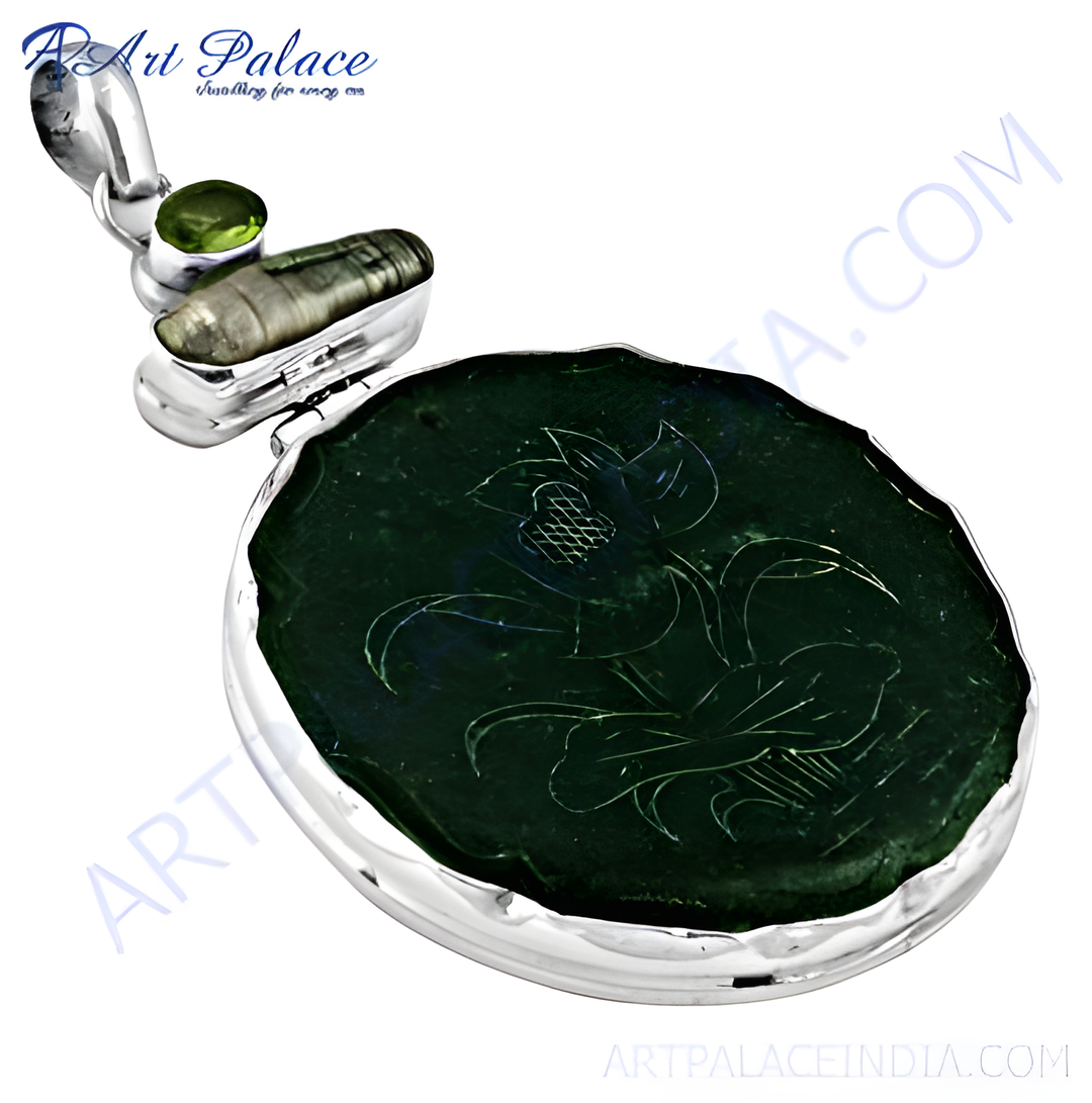 925 silver pendant necklace with carved floral jade stone in green.
