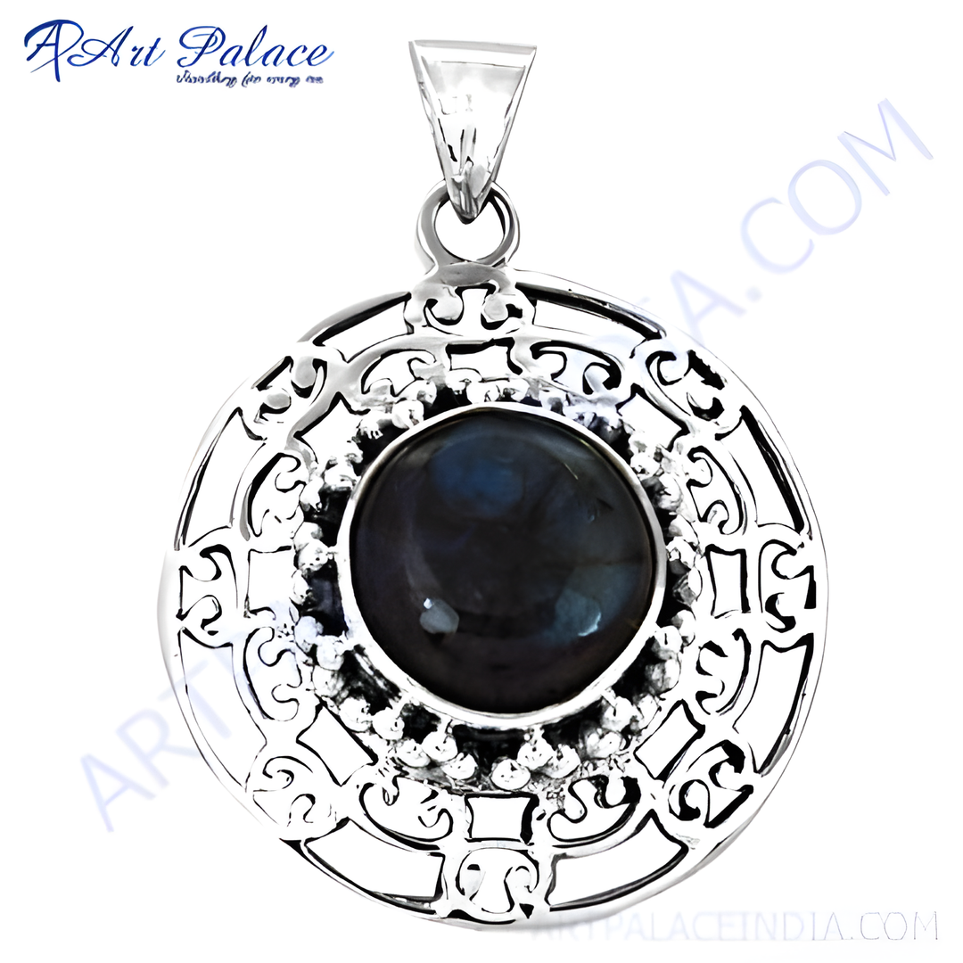 925 sterling silver labradorite pendant necklace with a dark blue gemstone center and intricate openwork design