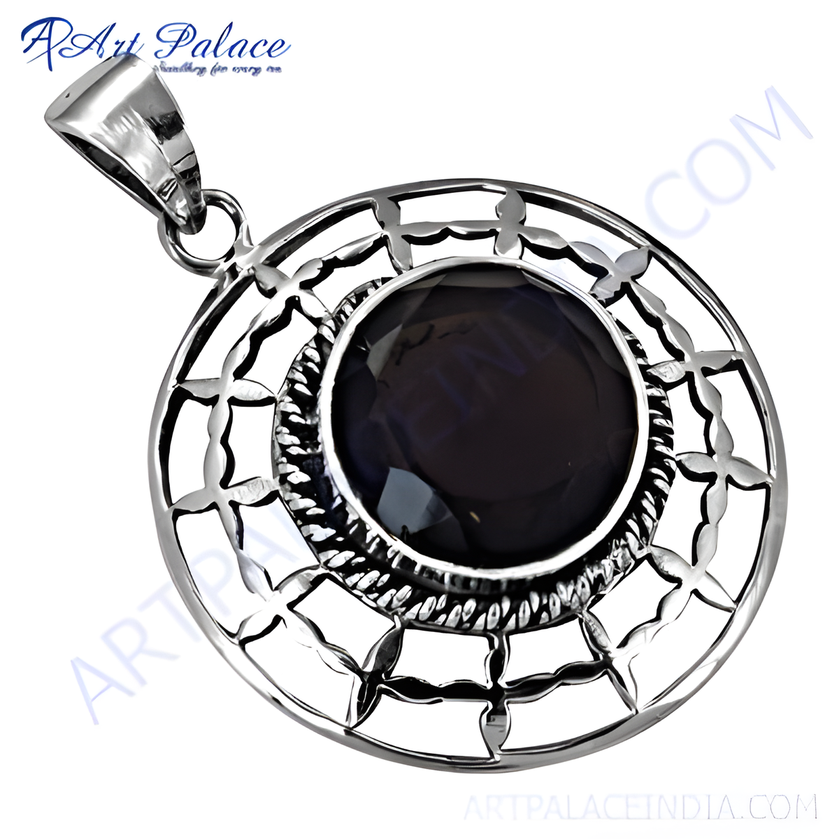 925 sterling silver pendant necklace with a large round black onyx gemstone set within an intricate filigree design
