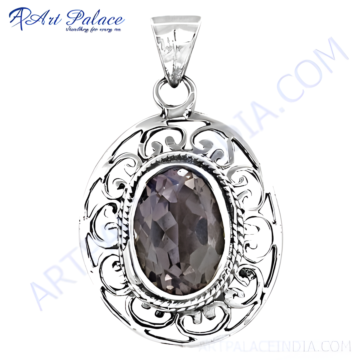 925 sterling silver oval smoky quartz pendant with intricate filigree design