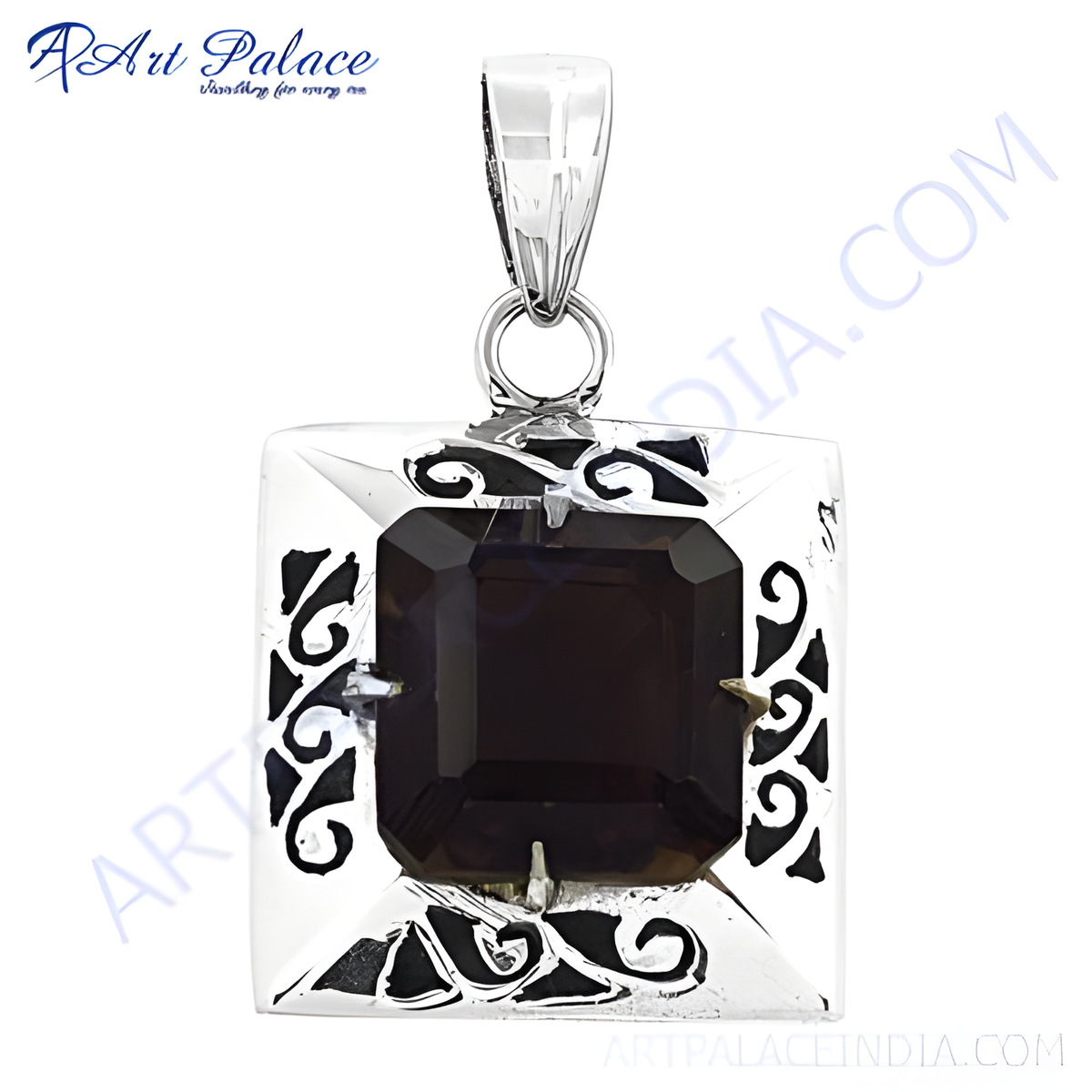 925 sterling silver square pendant with a dark brown smoky quartz gemstone