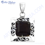 Load image into Gallery viewer, 925 sterling silver square pendant with a dark brown smoky quartz gemstone.
