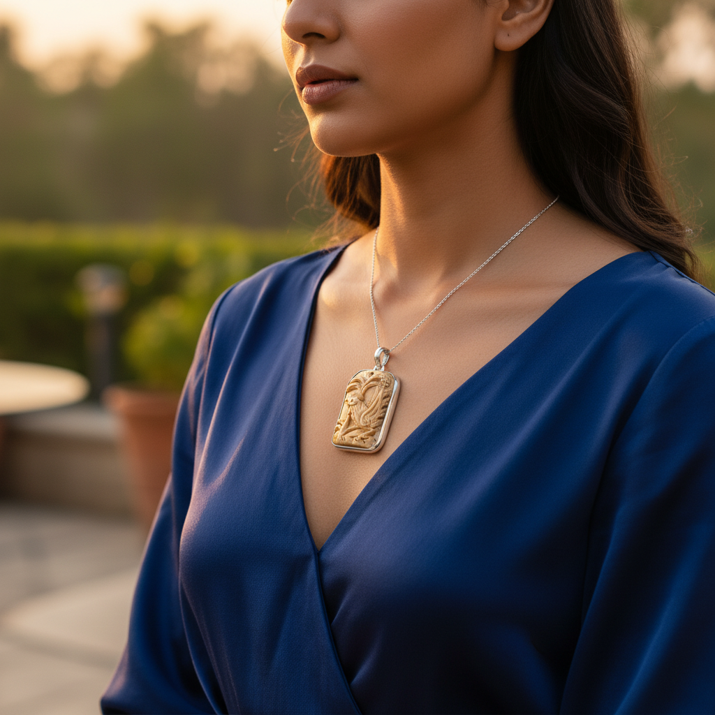 Carved Rooster Pendant - Silver Frame Pendant | Animal Jewelry