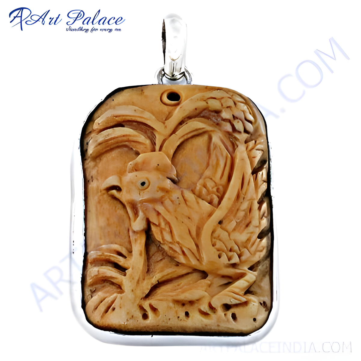 Carved rooster pendant with a silver frame, a detailed and unique animal jewelry piece