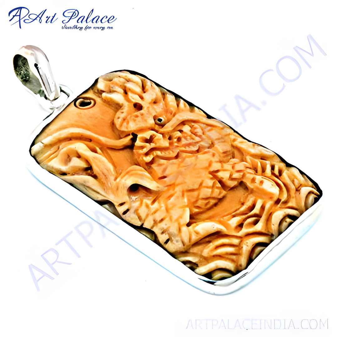 925 sterling silver carved fish pendant with intricate details on a white background