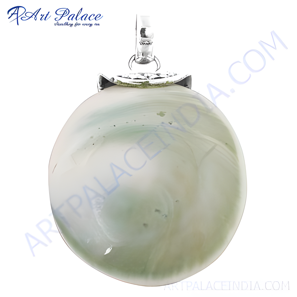 Silver shell pendant necklace with a natural green and white stone, perfect for women's jewelry