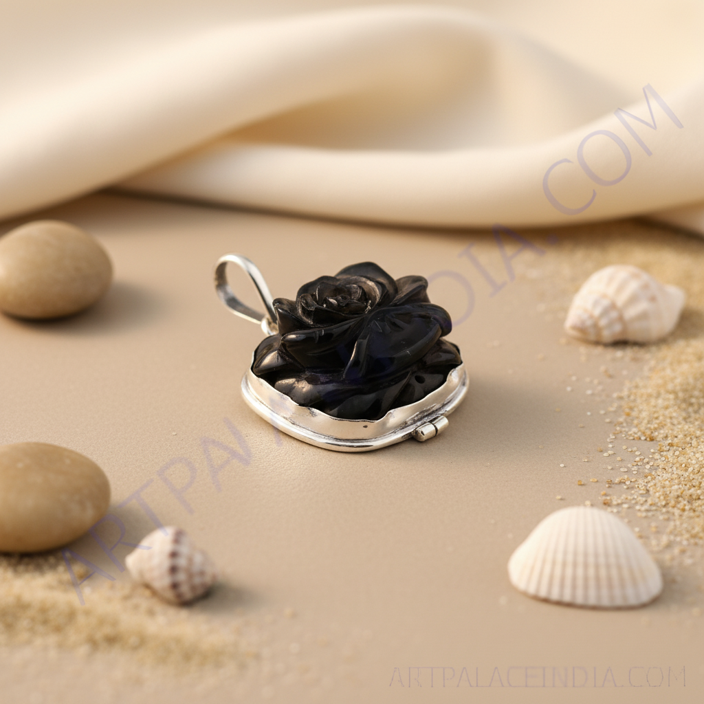 黑玛瑙玫瑰吊坠项链 | 纯银小盒