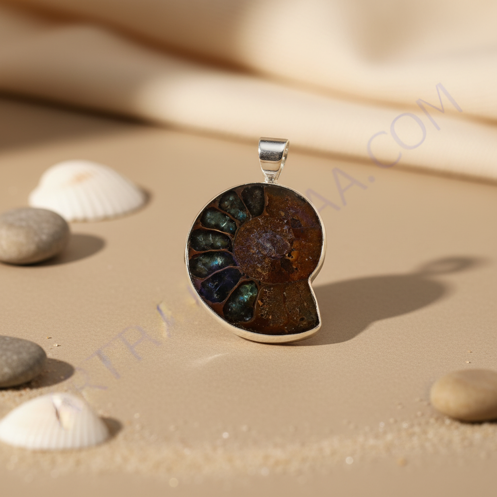 Colgante de fósil de amonita en plata 925 | joyería única para mujer