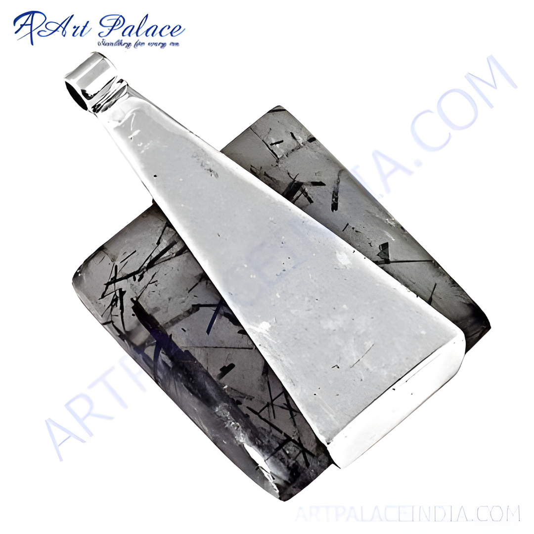 Sterling silver rutilated quartz pendant. Unique gemstone pendant for women. Black inclusions in clear quartz.