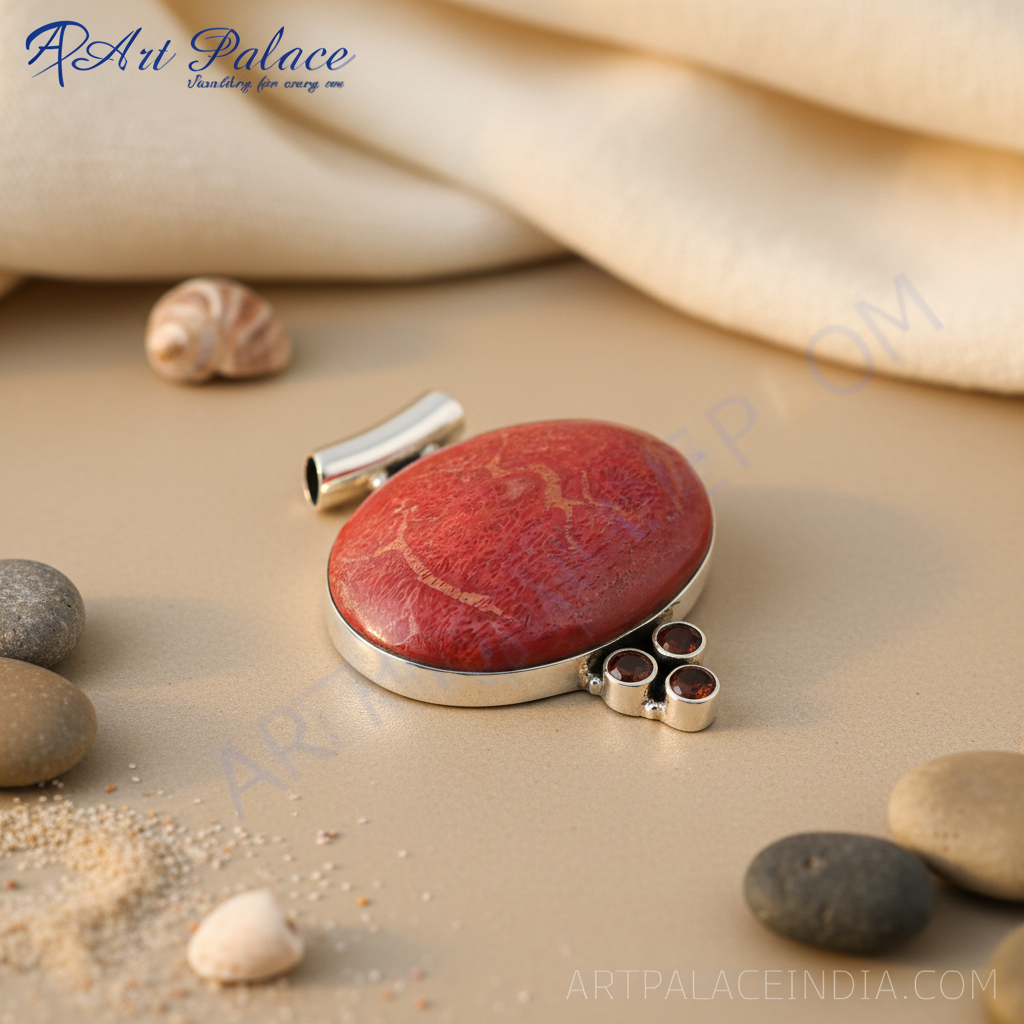 Collar con colgante de coral plateado y detalles de granate | joyería para mujer