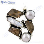 Load image into Gallery viewer, Sterling silver gemstone pendant featuring smoky quartz and pearl gemstones, with a unique artistic design.
