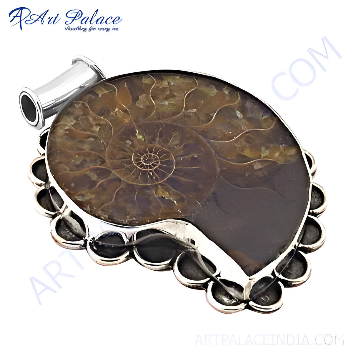 925 silver ammonite fossil pendant with intricate spiral design, set in a silver frame