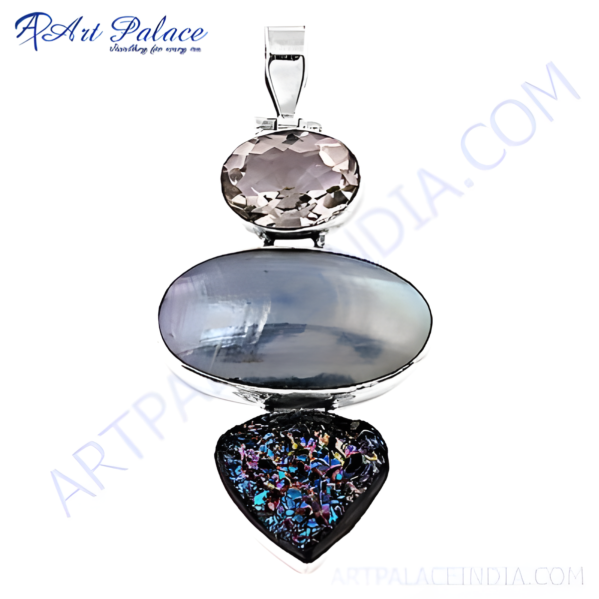Sterling silver pendant necklace with quartz crystal, mother of pearl and a heart shaped druzy stone gemstones