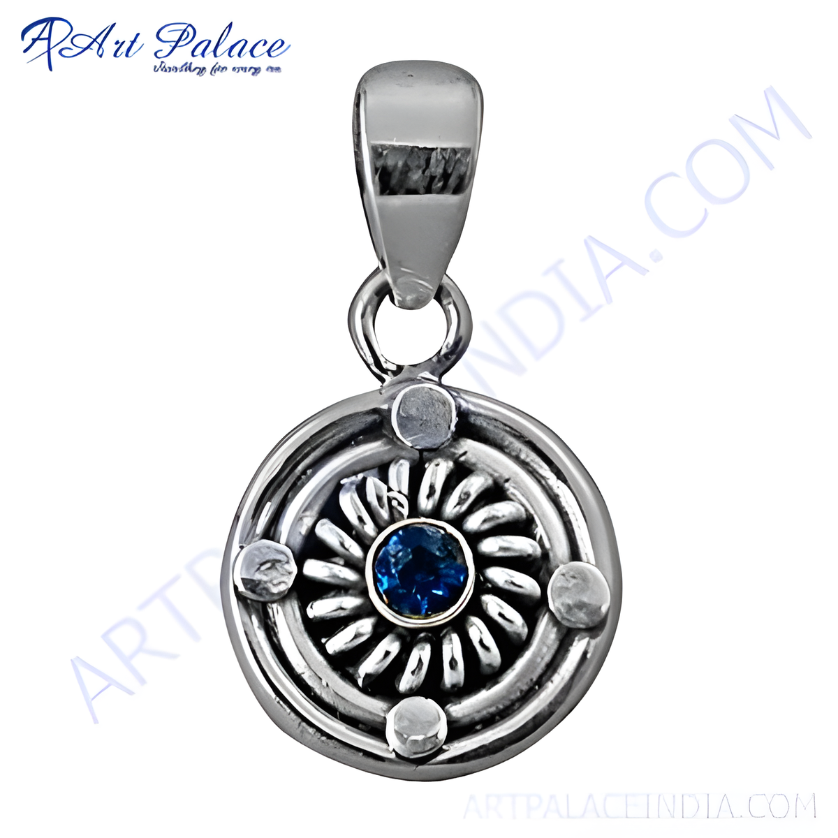 925 sterling silver pendant with a blue gemstone center for women, detailed design