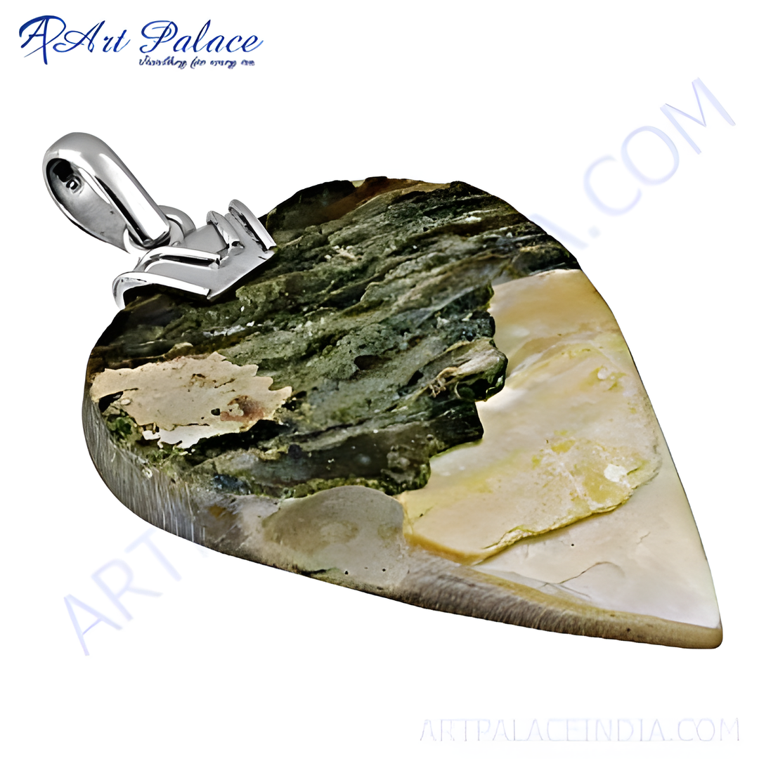 Silver heart-shaped gemstone pendant necklace, green and beige natural stone