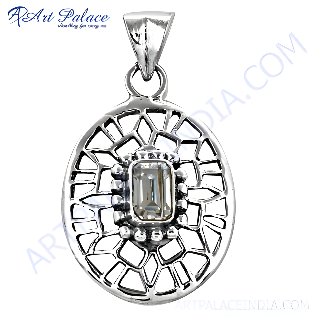 925 sterling silver geometric pendant with rectangular quartz gemstone center