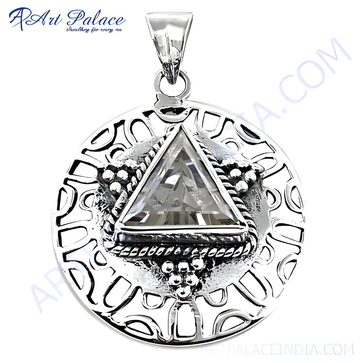 925 sterling silver crystal triangle pendant with openwork design, perfect for gifting