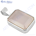 Load image into Gallery viewer, 925 sterling silver rectangular rose quartz pendant with a soft pink color.
