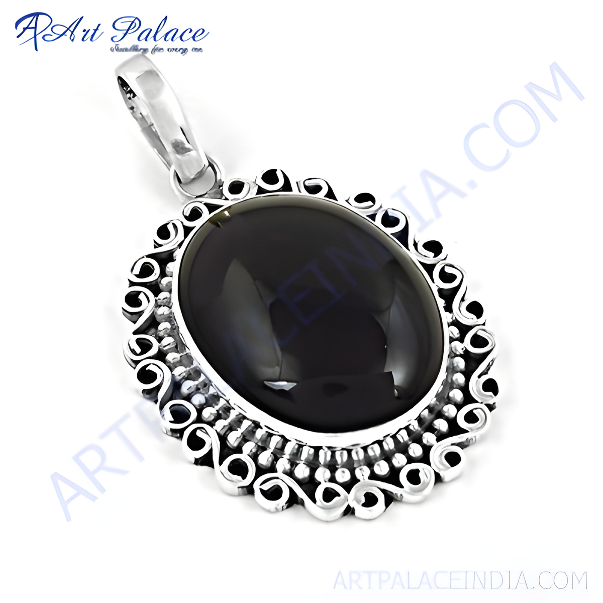925 sterling silver pendant with a black oval onyx gemstone center, ornate design