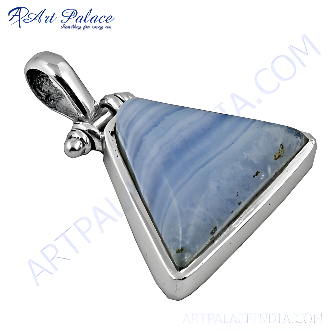 925 sterling silver pendant with a triangular blue lace agate gemstone in a bezel setting