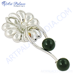 Load image into Gallery viewer, Silver flower brooch with two black onyx gemstone drops, elegant design.
