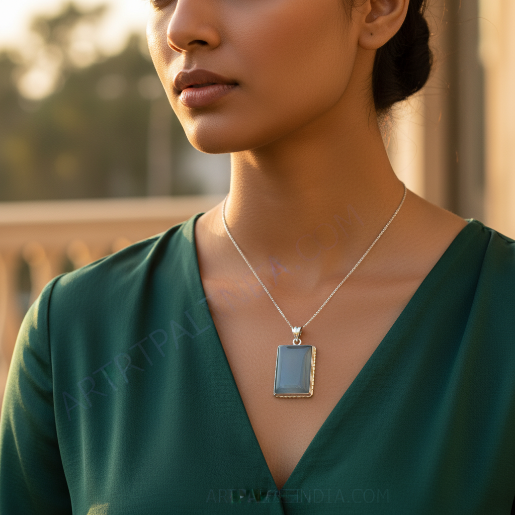 925 silver blue chalcedony pendant | rectangle pendant for women