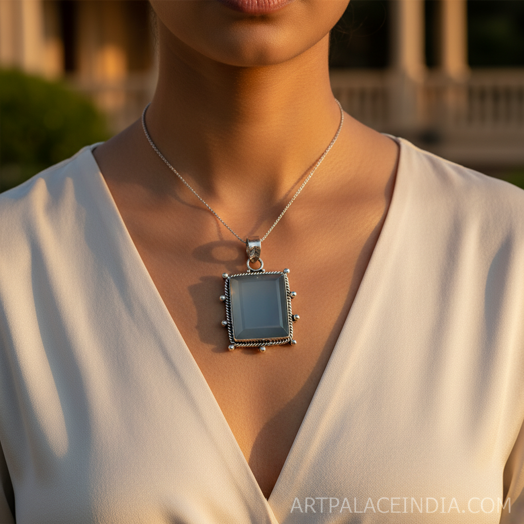 925 silver blue chalcedony pendant | women's square pendant