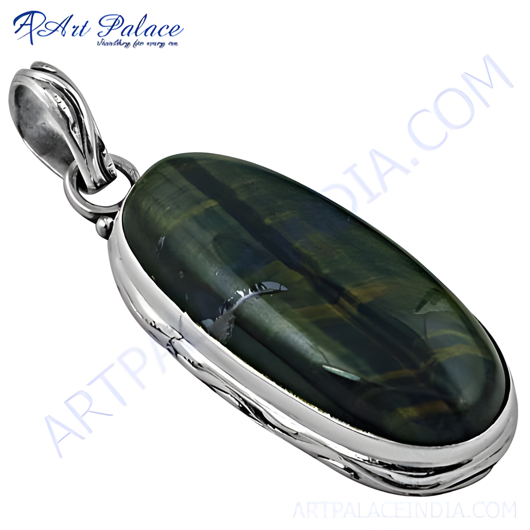 925 sterling silver pendant with a Hawk's Eye gemstone. The stone displays green and gold hues.