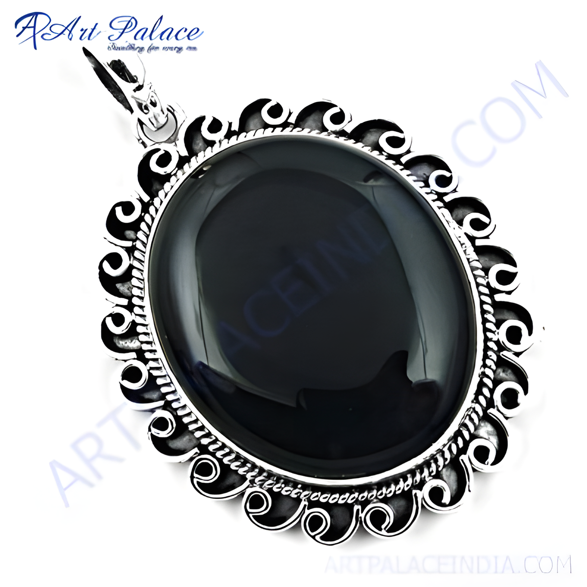 925 sterling silver onyx pendant with a large, oval shaped black gemstone